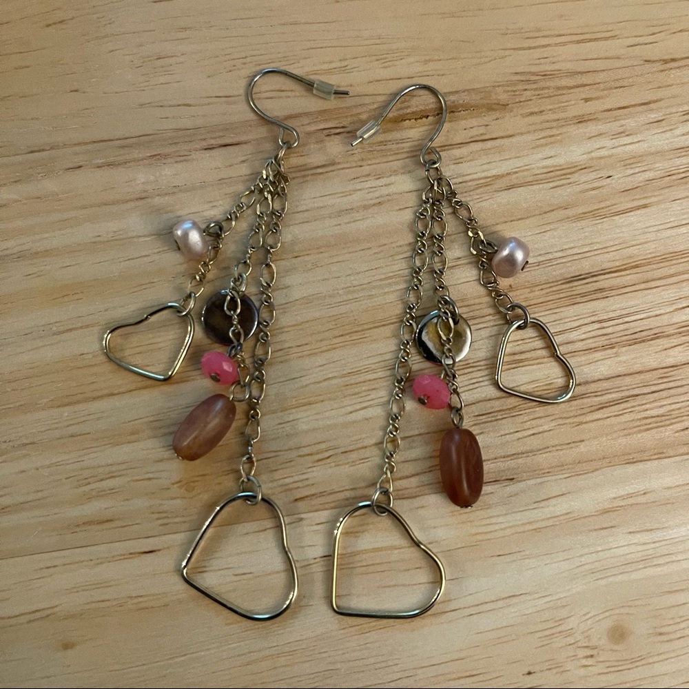 Gold Heart, Pink & Brown Beaded, Pearl Dangling Earrings